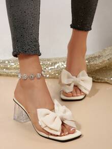 女士粗跟高跟凉鞋，蝴蝶花朵图案，时尚婚礼公主鞋 - 米色 - 查看 4