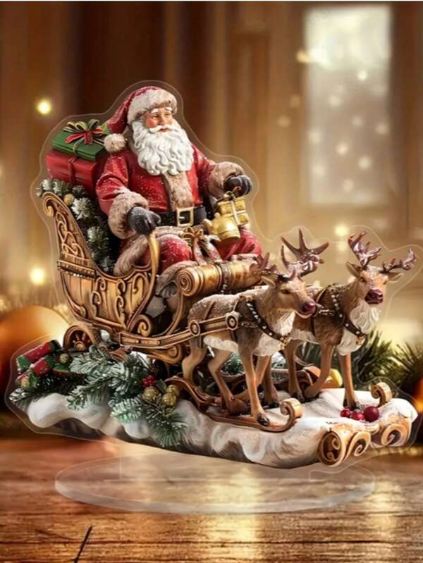 Bohemian Santa Claus & Reindeer Acrylic 2D Flat Desk Plaque - Multifunctional Christmas Decor For Home And Office, Includes Stand, Perfect Gift For Holidays And Birthdays