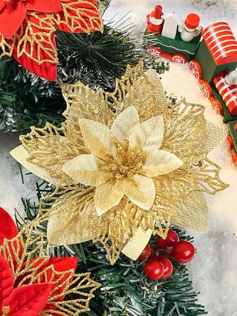 20/10/1pc Poinsettia Christmas Floral With Clips, Christmas Decorations, Shiny Poinsettia, Christmas Tree Flower Decor, DIY Christmas Wreath, Home Holiday Party