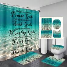 1pc/4pcs Blue Ocean Blessing Polyester Waterproof Shower Curtain With 12 Hooks, Bathroom Non-Slip Mat, U-Shaped Floor Mat And Round Toilet Seat Cover, Comprehensive Bathroom Set Christmas Decor