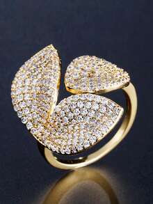 1 pieza Anillo abierto elegante y elegante con flor y hoja incrustadas de cobre y circonita cúbica, adecuado para fiestas, uso diario y como regalo - Estilo de flores y hojas - Ver 9