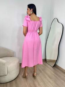 Women's Midi Dress Lined With Bow Detail On The Shoulder In Short Sleeves, Elastex On The Back And Duna Linen Cup - Elegant Fashion - Rosa - 查看 2