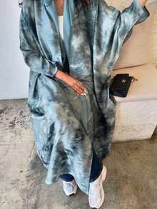 1pc Women's Fashion Asymmetrical Tie-Dye Print Abaya Robe, Loose Casual Arabic Style Abaya Robe, Suitable For Daily Life (Headscarf Not Included) - Blue - View 4