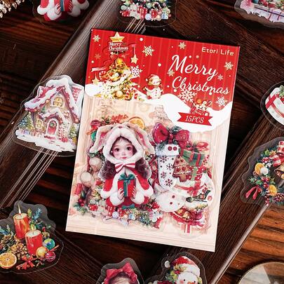 15 قطعة/عبوة ملصقات PET بنمط عيد الميلاد والعطلات للكمبيوتر المحمول وغطاء الهاتف والحقائب والتجميع والديكور الحفلات وهدايا عيد الميلاد والسنة الجديدة