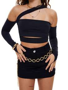 Cropped Feminino Assimétrico Manga Com Dedeira Estilosa Moda Gringa - Preto - Visão 3