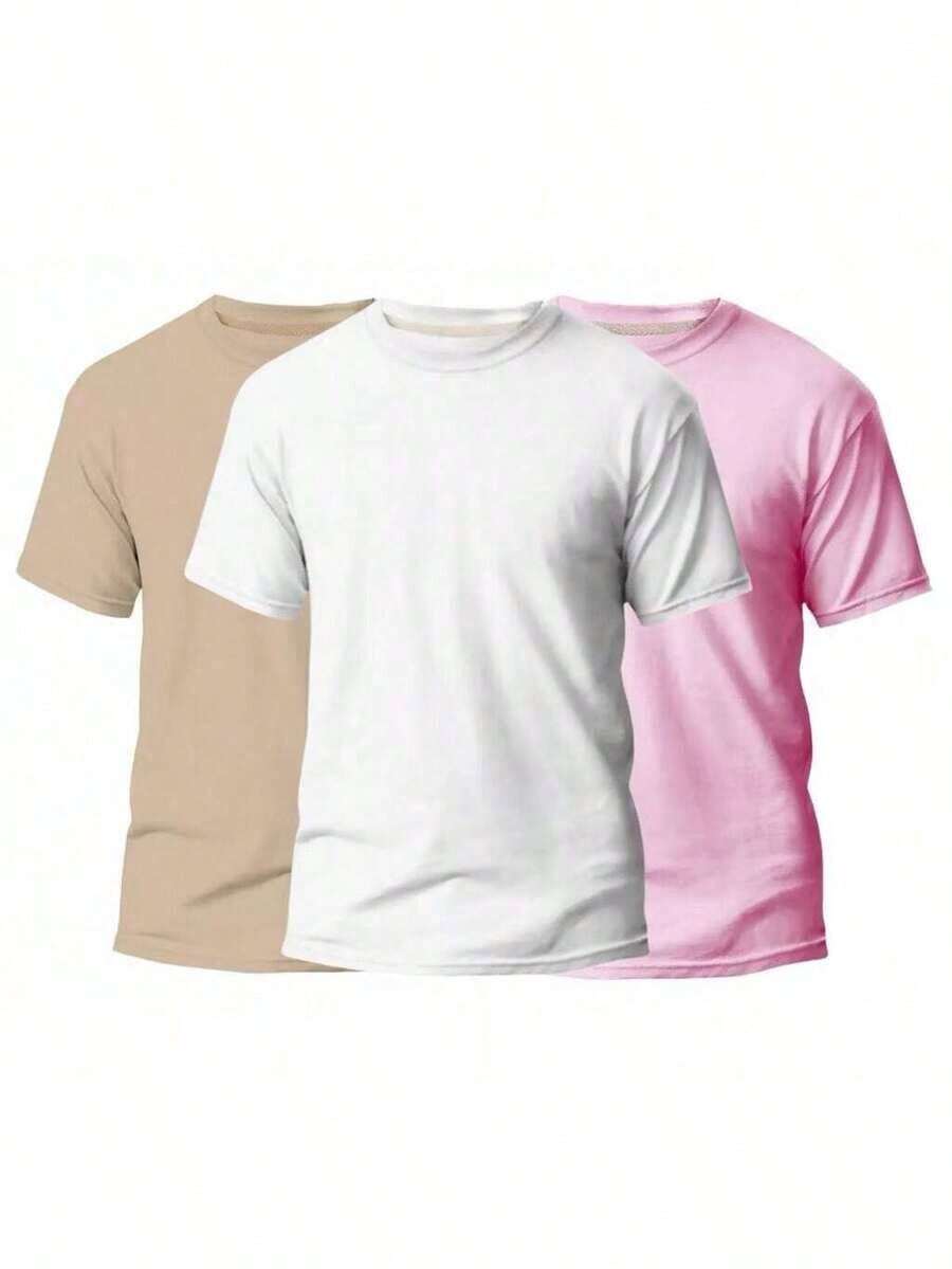 KIT 3 Basic Plain Men's T-Shirts 100% Cotton 30.1 - 米色+白色+淡粉紅色 - 查看 1