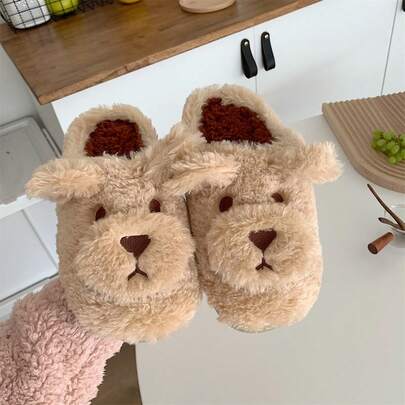 XIXITIAO 一双可爱卡通毛绒拖鞋，女士款，柔软保暖，室内家居鞋，加厚内里，兔子和小熊图案，适合秋冬季穿着。