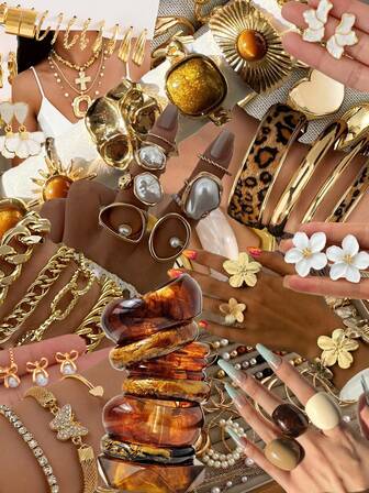 复古优雅琥珀色金属元素闪亮人造花戒指、Y 形长项链、树脂多件可堆叠手链、不对称几何耳环、人造珍珠蝴蝶结手链和脚链首饰套装，适合女性和男性，非常适合夏季度假、派对、约会、礼物、日常穿着、节日（随机款式发货）