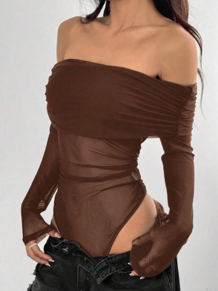Off-The-Shoulder Tulle Bodysuit Drop-Shoulder Tulle Bodysuit Simple Elegant Party Transparent Bodysuit - Rỉ Nâu - Xem 1