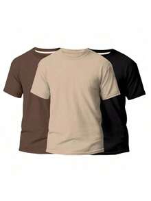 KIT 3 Basic Plain Men's T-Shirts 100% Cotton 30.1 - 棕色+米色+黑色 - 查看 2