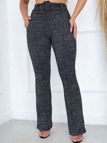Women's Flare Pants In Tailored Linen Fabric With Lined Belt And High Waist - 黑色 - 查看 2