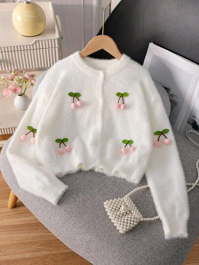 Cardigan tricotat drăguț cu imprimeu de cireșe pentru fete și adolescente, stil scurt, potrivit pentru casual, vacanță, primăvară, toamnă, iarnă