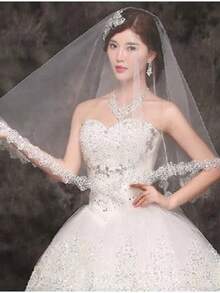 1件1.5米经典红色新娘婚纱单层头纱，简约半透明白色蕾丝情人节配饰 - A - 查看 8