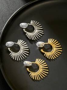 1pair Fashion Metal Sunflower Line Geometric Clip-On Earrings, Minimalist & Elegant, Suitable For Women's Daily Wear, Jewelry Gift - Clip - View 4