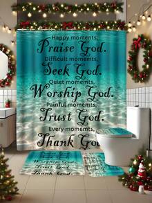 1pc/4pcs Blue Ocean Blessing Polyester Waterproof Shower Curtain With 12 Hooks, Bathroom Non-Slip Mat, U-Shaped Floor Mat And Round Toilet Seat Cover, Comprehensive Bathroom Set Christmas Decor