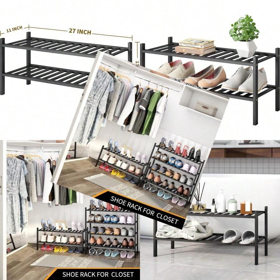 Shoe Rack 2-Tier Bamboo Stackable Shoe Shelf Storage Organizer Shoe ...