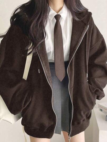 Solid Color Slimming Simple Loose Fit Fleece Lined Long Sleeve Sweatshirt, Autumn/Winter