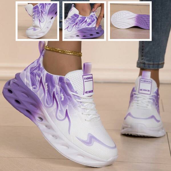Damen Lässig Sportschuhe mit Farbverlauf Flammen Muster, geeignet für Innen- und Outdoor-Sport in allen Jahreszeiten, Schnürung, minimalistisch, modisch, vielseitig für Party, Urlaub, Training, Lässig