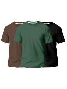 KIT 3 Basic Plain Men's T-Shirts 100% Cotton 30.1 - 棕色+綠色+黑色 - 查看 1