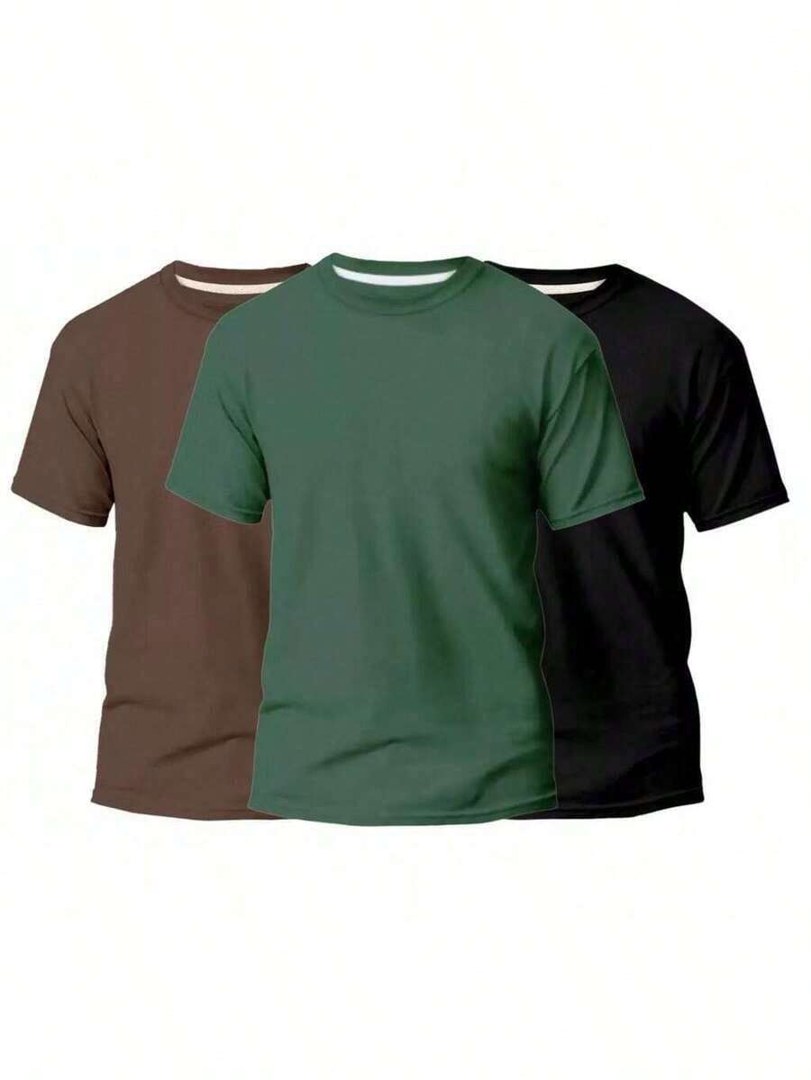 KIT 3 Basic Plain Men's T-Shirts 100% Cotton 30.1 - 棕色+綠色+黑色 - 查看 1
