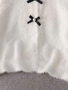 少女优雅纯色蝴蝶结针织开衫毛衣，短款，适合休闲、度假、春季、秋季和冬季穿着。 - 白色 - 查看 5