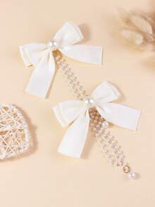 1 pieza Pinza para el cabello con cadena de perlas y lazo para niñas, linda y elegante, versátil para uso diario, tono rosa - Blanco - Ver 5