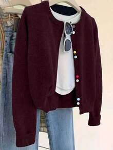 女士舒适长袖圆领开衫，搭配俏皮彩色纽扣和中等弹力涤纶面料 - 酒紅色 - 查看 4