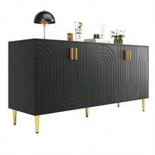 Schwarzes Sideboard (152 x 40 x 75 cm) mit einzigartigem Wellendesign und goldenen Griffen und Füßen, das einen eleganten Essbereich schafft