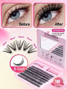 Lash Clusters Kit, 140 Pcs Eyelashes Clusters Kit 8-16mm Individual Lash Extension Kit D Curl Fluffy Wispy False Eyelashes With Tweezers (Makeup Mirror Packaging Box) - Pink - View 2