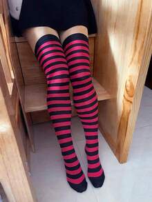 ROMWE Academia Striped Pattern Over The Knee Socks - 玫紅色 - 查看 2
