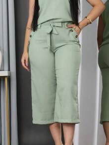 Women's Pantacourt Linen High Waist Pants With Bow And Pockets - Mint Green - View 2