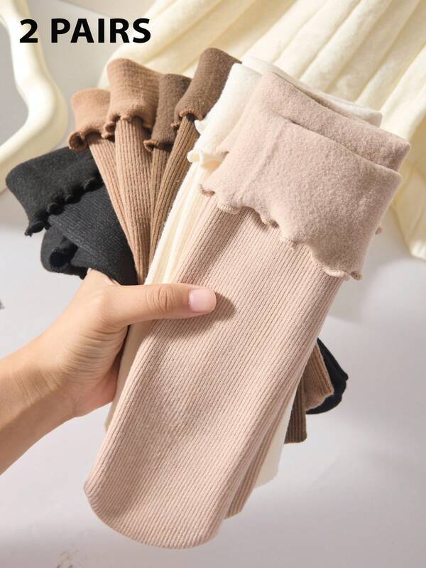 2 pares de calcetines medianos con volantes dulces para mujer, calcetines medianos gruesos y cálidos de felpa para invierno, calcetines largos adecuados para usar en casa y en la oficina, para interiores y exteriores, de color aleatorio