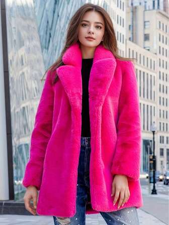 Women's Hot Pink Faux Fur Coat Long Sleeve Collar Thigh Length Jacket With Pockets Non-Stretch Fabric For Winter Warmth Suitable For Christmas, New Year