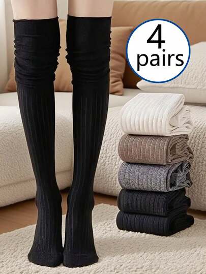 3 Pairs Y2K Style Over-The-Knee Socks For Pregnant Women, Black/White/Gray/Khaki, Non-Slip & Non-Compressive, Thin Fabric, Suitable For Spring, Autumn