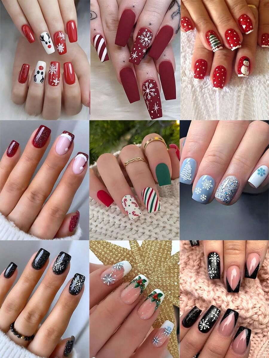 9 confezioni (216 pezzi) Unghie finte di Natale con punta francese, stile Y2K, multicolore, a forma di bara media, sfumature, glitter, lucido, motivi geometrici, fiocchi di neve, cappello di Babbo Natale, cervi di Natale, alberi di Natale, bastoncini di zucchero, motivi a pois rotondi, stile semplice e alla moda, unghie acriliche riutilizzabili, accessori per unghie, inclusi 24 pezzi di linguette in gel e una mini lima