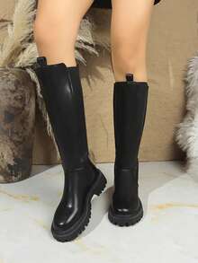 2025 New Uniform Boots For Women, Round Toe Thick Heel Mid-Calf Boots With Rear Zipper, Waterproof Platform Design, Suitable For All Seasons, Black Knee-High Boots For Daily Outdoor Commute, Fashionable Women's Long Boots, Elongating Legs