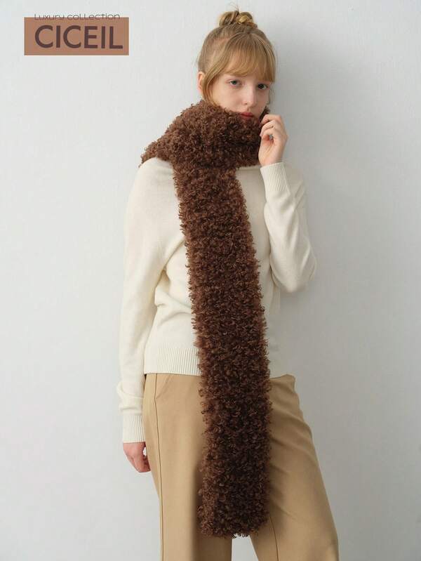 1 pieza Bufanda de mujer de unicolor de poliéster esponjoso, elegante y cálida para uso diario en otoño/invierno