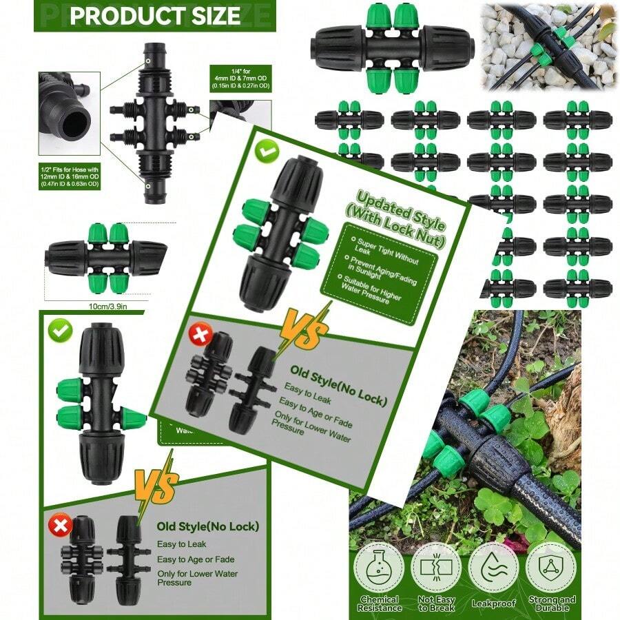 20PCS Locked Barbed Tee Connectors 1/2 To 1/4 Drip Irrigation Fittings Kit 12/16mm To 4/7mm Tube Lock Female Connector 6Way Barbed Lock Irrigation Parts For Watering System Black Green - BlackGreen12to146Way - Xem 1