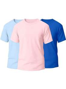 KIT 3 Basic Plain Men's T-Shirts 100% Cotton 30.1 - 淡藍色+淡粉紅+寶藍色 - 查看 1
