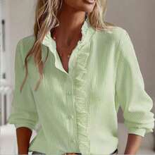 Damen Einfarbige Bluse mit Knopfleiste, plissierter Rüschen-/Volantabschluss