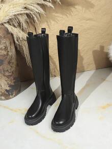 2025 New Uniform Boots For Women, Round Toe Thick Heel Mid-Calf Boots With Rear Zipper, Waterproof Platform Design, Suitable For All Seasons, Black Knee-High Boots For Daily Outdoor Commute, Fashionable Women's Long Boots, Elongating Legs