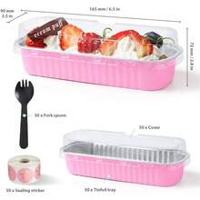 Juego de 50 Moldes para Hornear, Moldes Rectangulares de Aluminio de 200ml, Moldes para Hornear Pan con Cucharas y Tapas, Moldes para Tartas para Magdalenas, Pastel, Minibrownie - 50 piezas + rosa - Ver 4