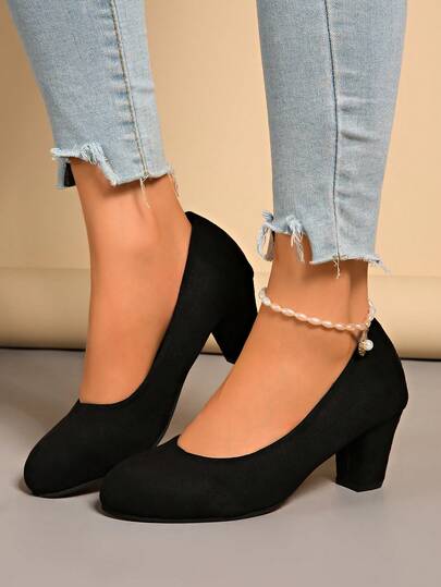 Tacones altos clásicos de color negro sólido para mujer de talla grande - Diseño de punta redonda - Talla 35-43 - Material de terciopelo premium, suave y cómodo - Tacones altos negros, unicolor boca poco profunda suela blanda cuña tacón grueso slip-on zapatos de mujer - Material de calidad cómodo de usar - Tacón medio grueso antideslizante punta redonda slip-on zapatos de mujer - Moda y versátil