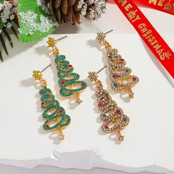 1 par de pendientes con diseño de árbol de Navidad y estrella, con esmalte y rhinestones, de diseño minimalista y elegante, accesorio ideal para combinar, regalo perfecto para mujeres