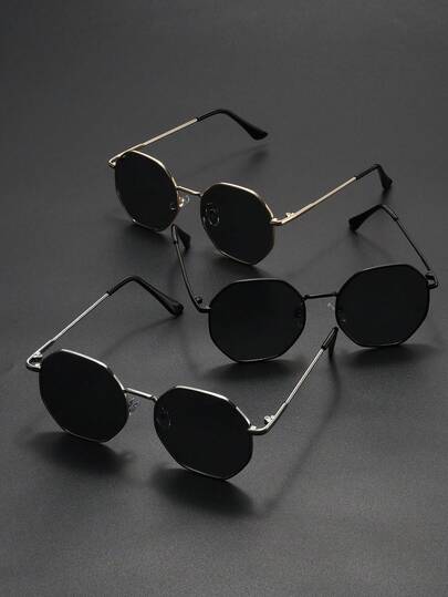 1pc/2pcs/3pcs Men's Fashion Decorative Glasses, Metal Material, Geometric Shape, Retro Style, Solid Color Pattern, Suitable For Daily Commute, Driving, Hiking, Outfit Matching, Street Photography, Summer Beach, Various Festivals And Parties, Great Gift, Fits All Face Shapes, High-Quality Accessory