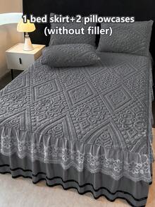 3件套秋冬加厚保暖 - 奢华欧式法兰绒蕾丝床上用品套装（1件床裙+2件枕套），蕾丝边装饰，时尚优雅，吸湿排汗，透气，抗皱，安静，可拆卸床垫套 - 歐式-深灰 - 查看 4