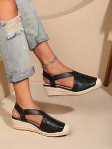 Closed Toe Shiny Rubber Breathable Deep Instep Fashion Lightweight Hemp Rope Wedge Sandals For Women - Black - View 3