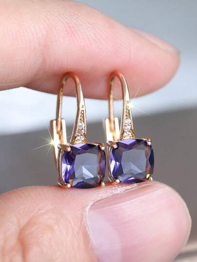 1 Pair Elegant Square Gemstone Luxury Date, Wedding, Party Hoop Earrings For Women