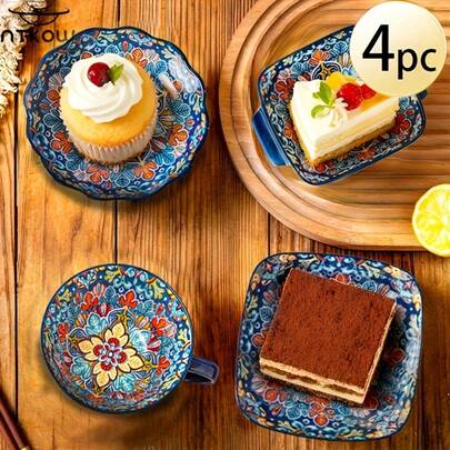 4-Piece Bohemian-Style Ceramic Tableware Perfect For Snacks, Nuts, Mixed Salads, And Elegant For Rich Coffee. Works Flawlessly For Daily Family Use Or Afternoon Tea, And Microwave/Dishwasher- For Ultimate Convenience