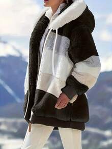 Plus Size Fluffy Loose Hooded Plush Jacket For Women, Autumn/Winter - Black 2 - View 6